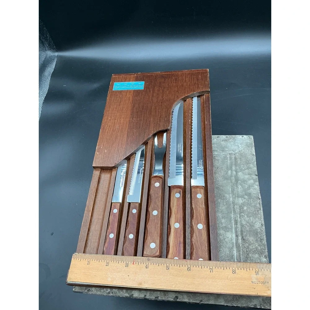 Vintage Forgecraft Washington Forge 5 Piece Knife Set with Wood Wall Block Japan